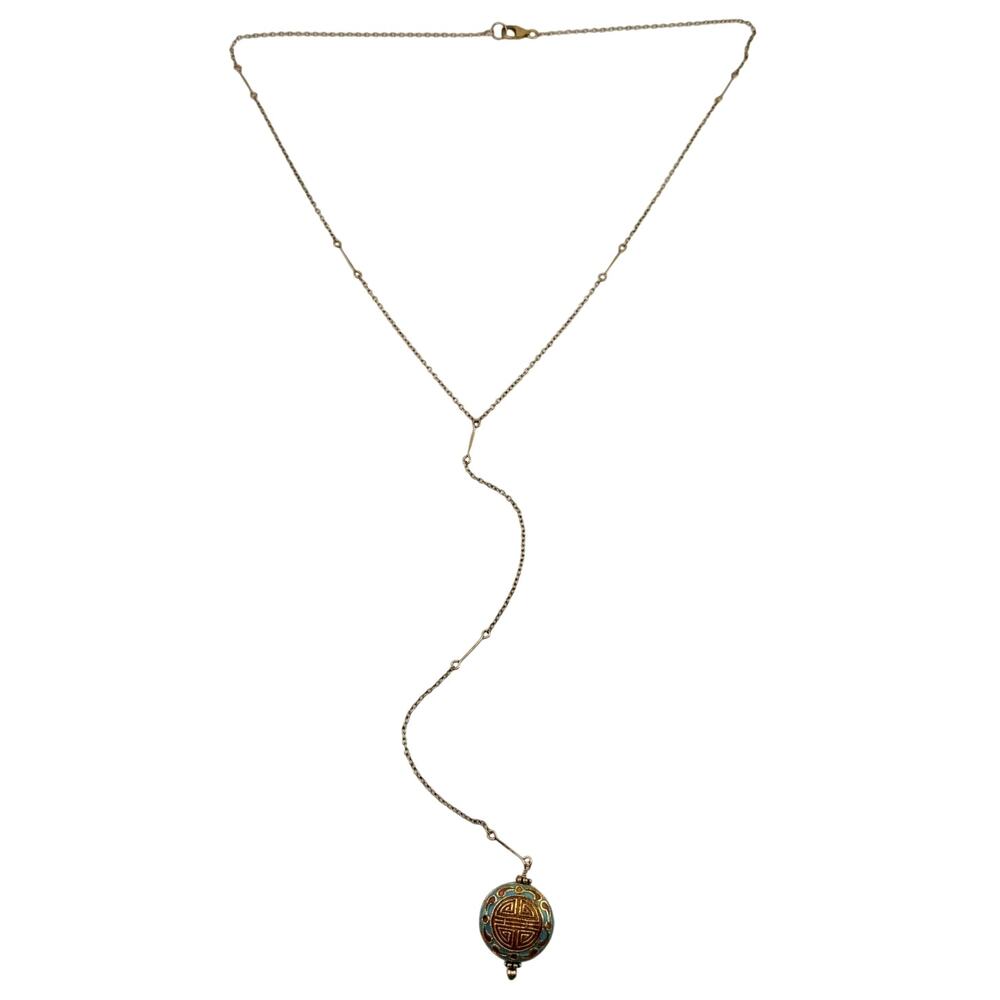 Cloisonne Enamel Asian Style Multicolor Pendant Y Drop Gold Tone 20" Necklace